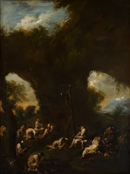 Mönche beten in einer Grotte, ca. 1730